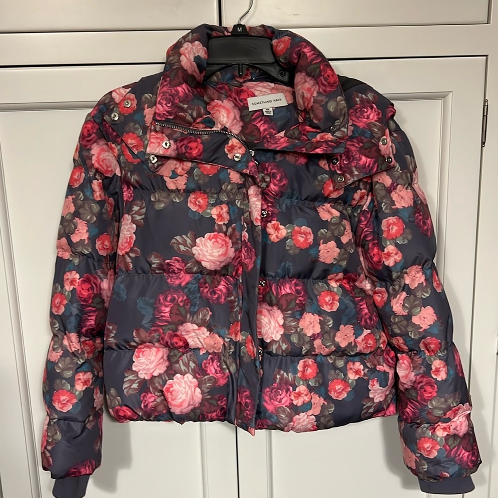 Something navy floral puffer jacket